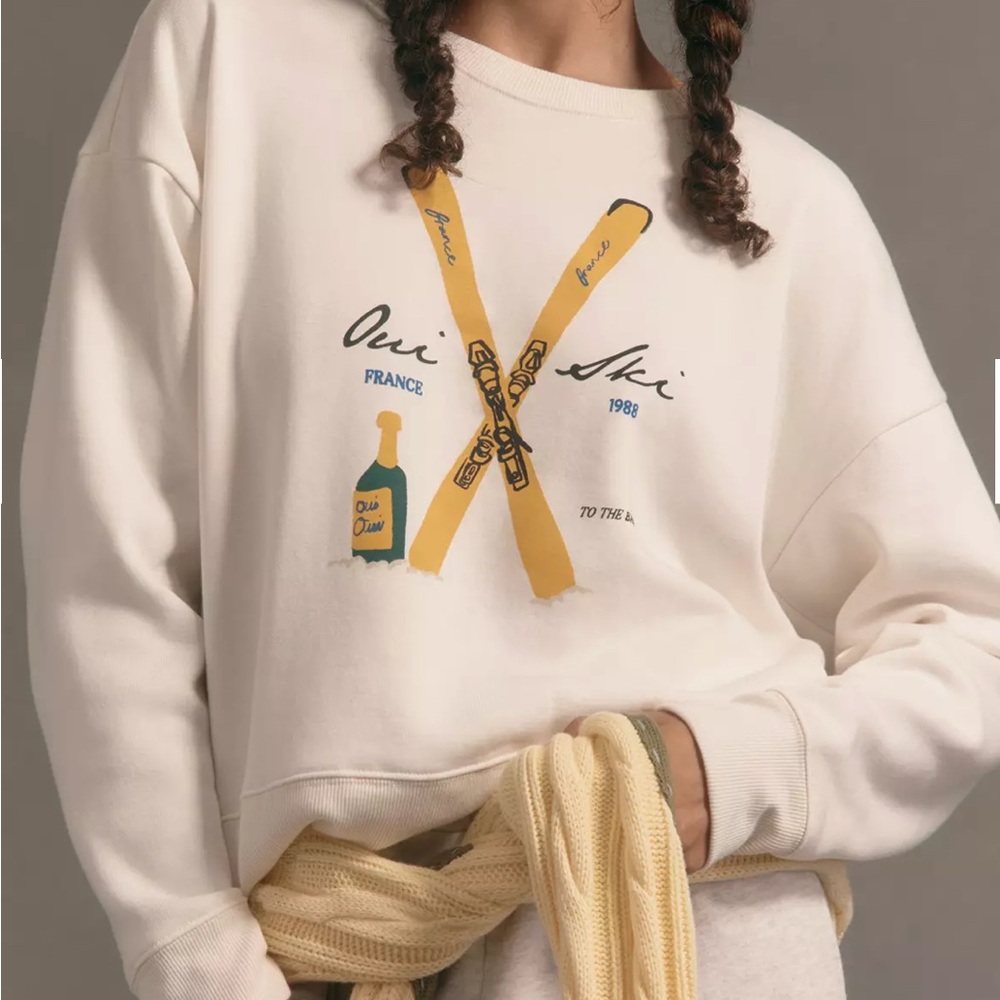 Anthropologie Maeve Jordan Nickson Ski Club France Cream Graphic Women Sweater
